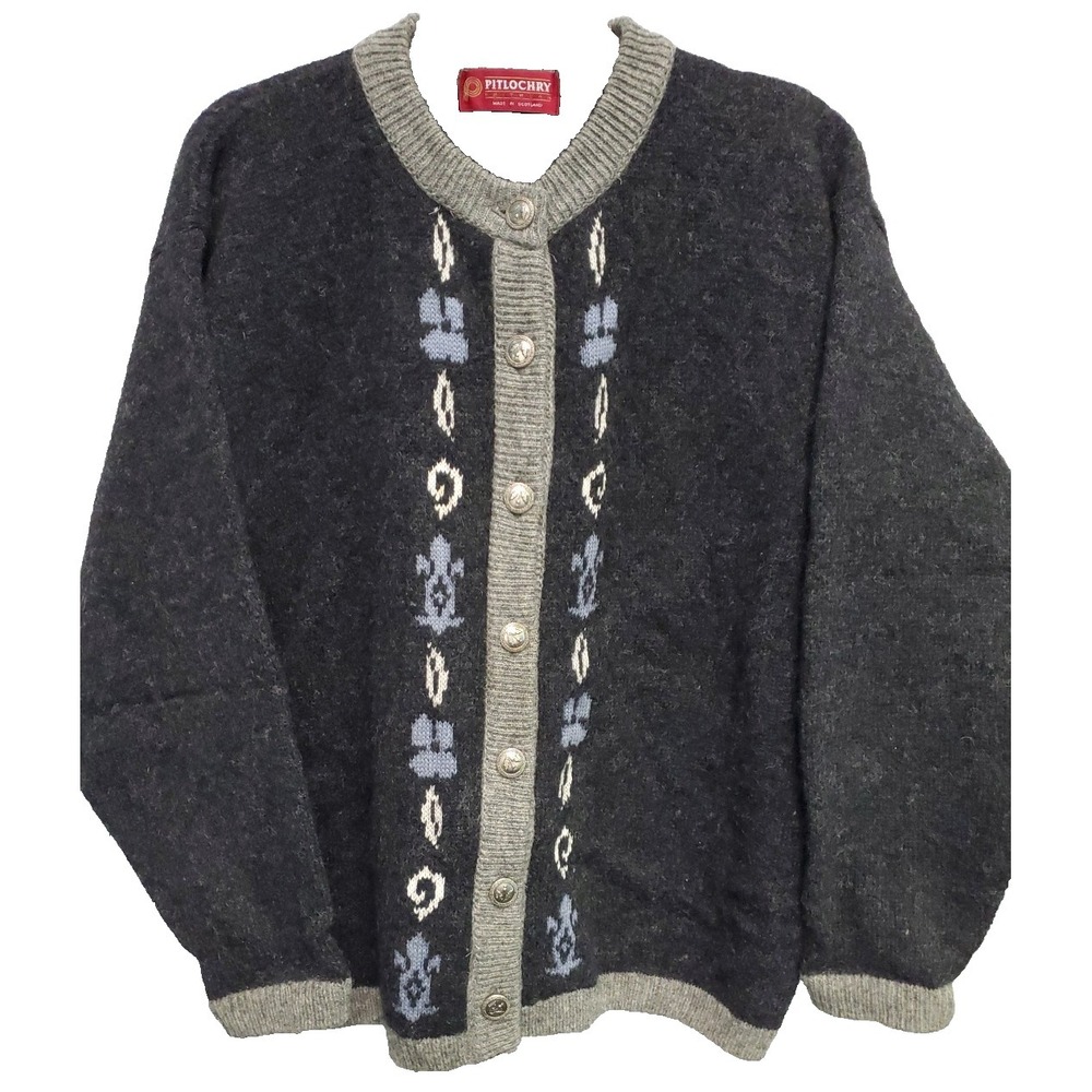 Pitlochry Scotland Vintage Pure‎ 100% Wool Sweater Cardigan Knitwear Button M-L